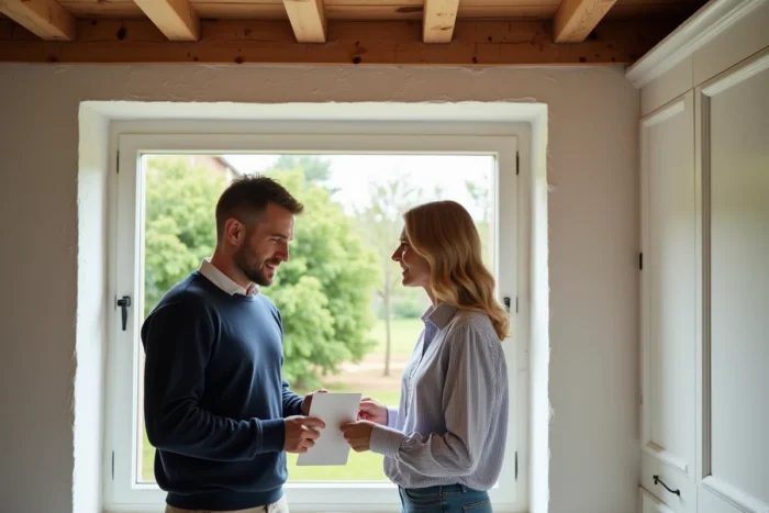 Couple choisissant des modèles de fenêtres pour leur maison de campagne dans le cadre d'une déclaration préalable de travaux