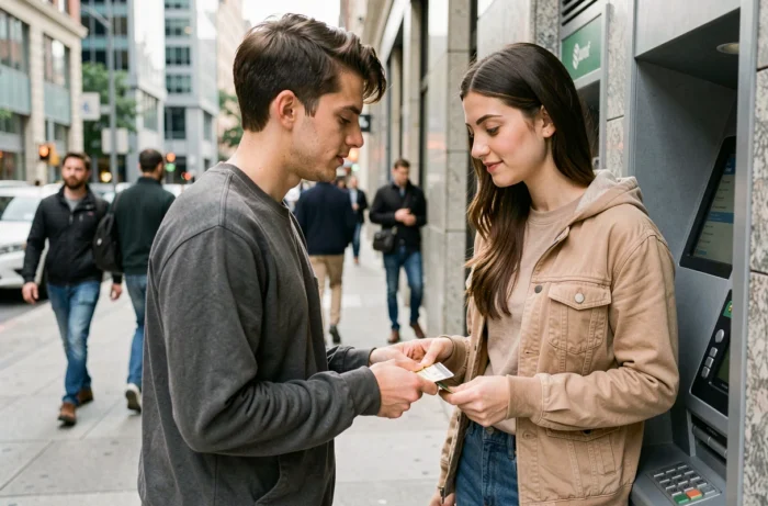 Un couple effectuant un retrait bancaire à un distributeur automatique en ville