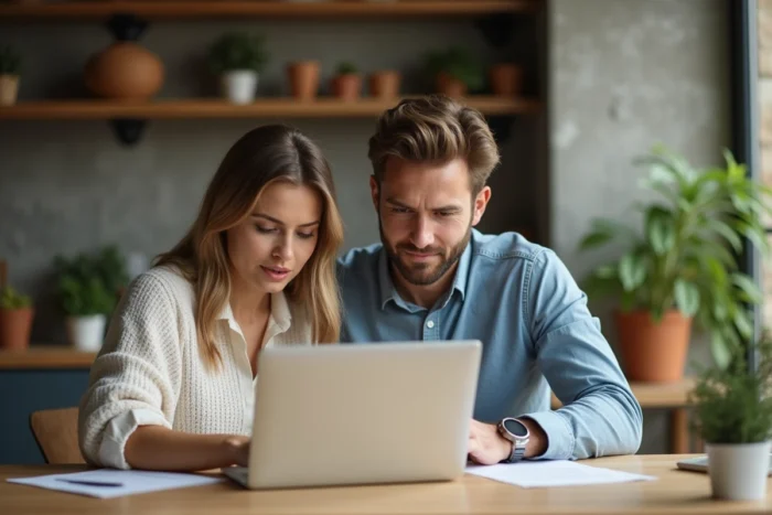 Couple consultant un dossier de financement BPCE sur ordinateur portable à domicile