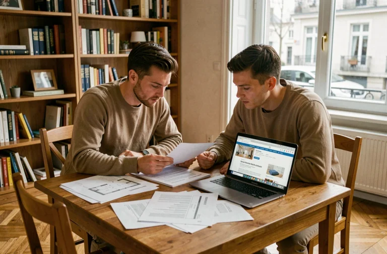 Couple examinant des documents de financement immobilier sur une table en bois dans un appartement moderne