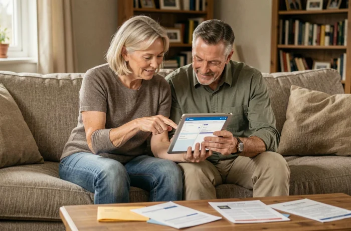 Couple gérant ensemble leurs assurances et comptes bancaires sur tablette à la maison