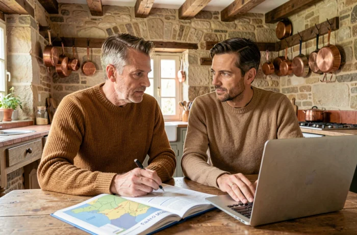 Couple étudiant un dossier d'investissement immobilier dans une maison de campagne en pierre restaurée en France
