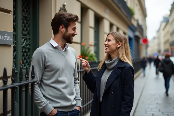 Couple de locataires devant un immeuble haussmannien à Paris examinant une annonce de location affichée