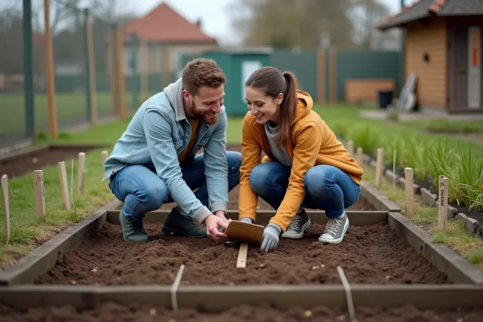 Couple découvrant leur parcelle de jardin familial attribuée par la mairie dans un jardin partagé communautaire