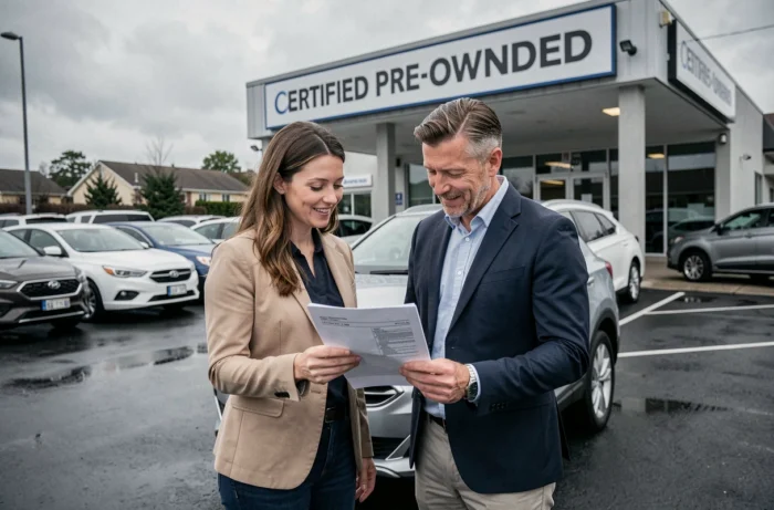 Couple consultant un rapport d'historique de véhicule devant une concession de voitures d'occasion certifiées