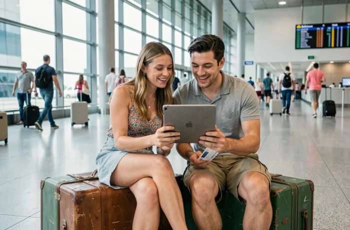 Couple de voyageurs consultant une tablette dans un terminal d'aéroport international entouré de bagages