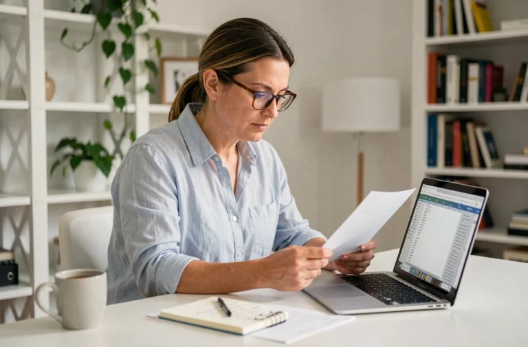 Femme active consultant des documents administratifs dans un bureau à domicile, illustrant la gestion de l'ARE et d'un emploi cumulé