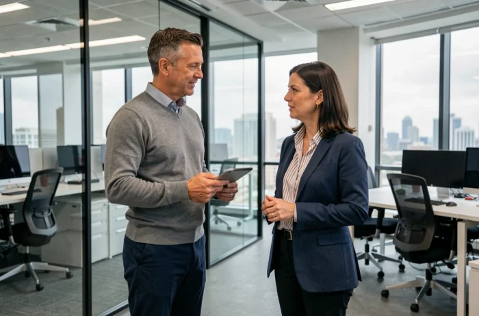Deux collègues en discussion dans un espace de coworking moderne, symbolisant la reprise d'activité professionnelle tout en percevant l'ARE