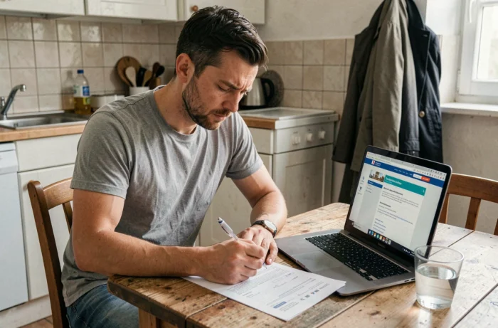Homme remplissant un formulaire administratif lié à l'allocation chômage ARE à son domicile, illustrant les démarches de déclaration lors d'un cumul avec un emploi