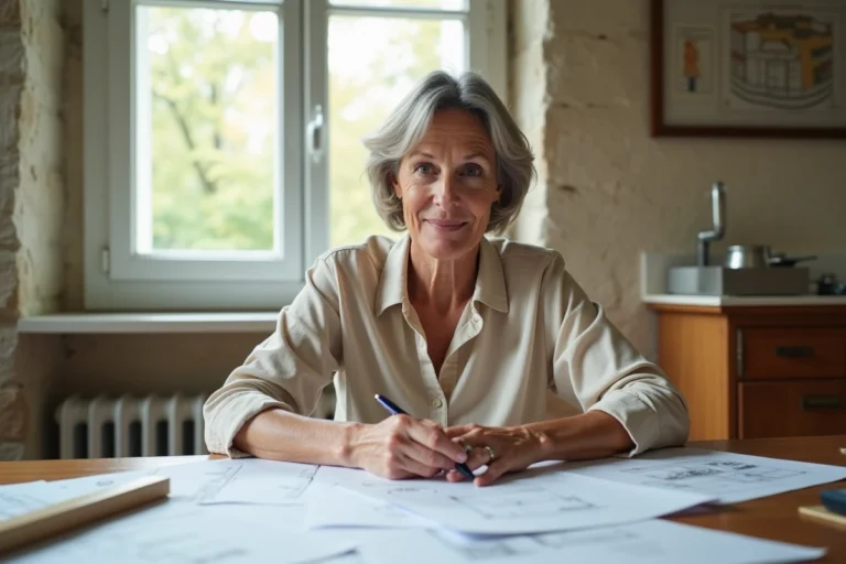 Femme préparant une déclaration préalable de travaux pour remplacement de fenêtres à son bureau à domicile