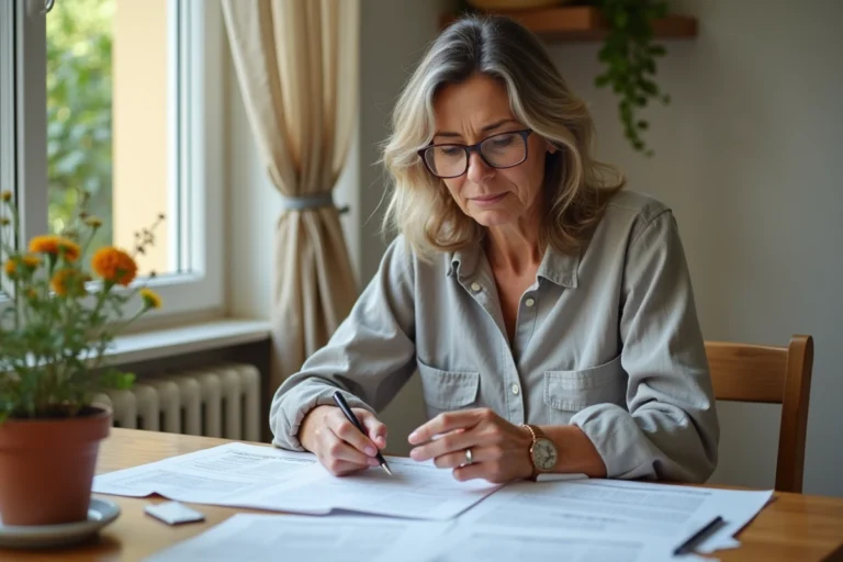 Femme consultant des documents fiscaux à la maison pour déclarer une terrasse aux impôts en France