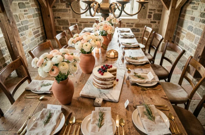 Décoration de table de mariage raffinée avec vaisselle dorée, fleurs blanches et gâteau naked cake dans un château