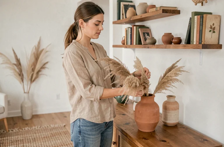 Jeune femme arrangeant de la pampa séchée dans un vase en terre cuite pour une décoration tendance et économique