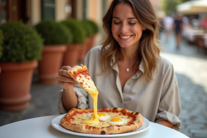 Femme dégustant une part de pizza carbonara crémeuse en terrasse italienne ensoleillée