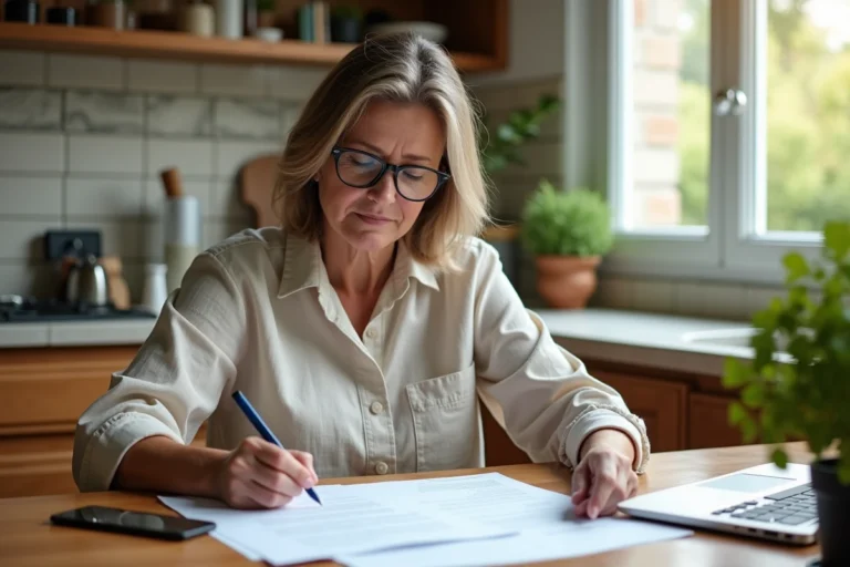 Femme remplissant un dossier de demande de jardin familial à la cuisine avec un ordinateur portable et des formulaires administratifs