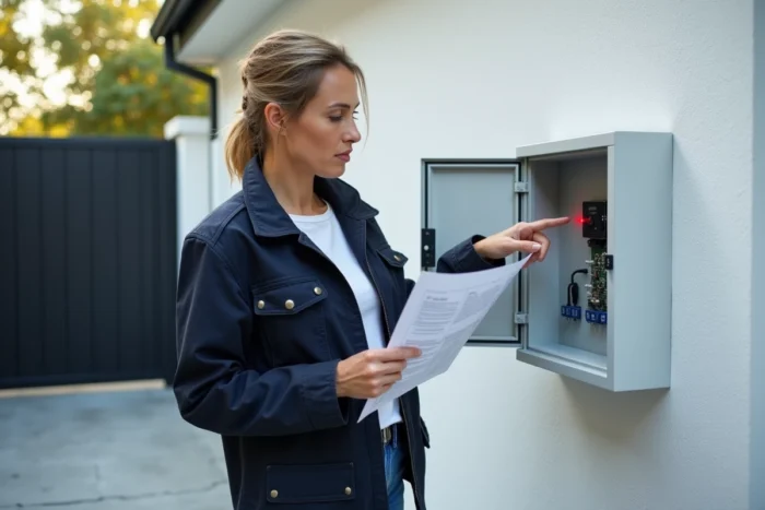 Femme consultant un manuel de dépannage devant le boîtier ouvert d'un portail automatique Somfy avec voyant rouge clignotant