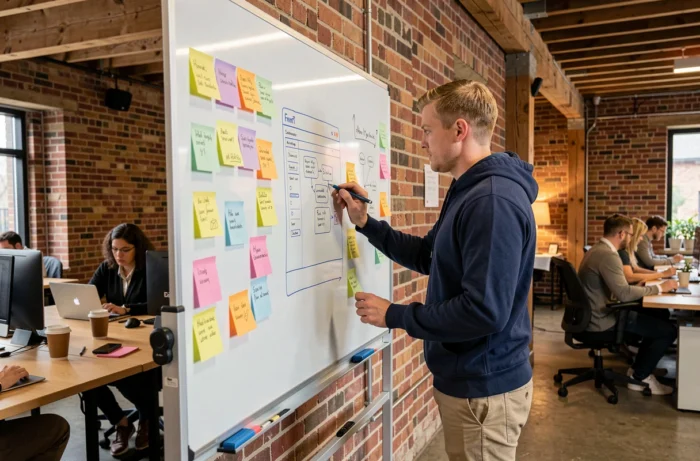 Designer UX esquissant une maquette de site web mobile sur un tableau blanc dans un espace de coworking