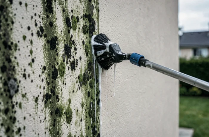 Détail d'un mur de façade en crépi montrant la différence entre une surface sale couverte d'algues et une partie nettoyée