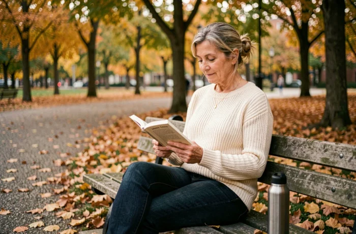 Femme âgée lisant un livre dans un parc en automne pour illustrer la détente et le bien-être mental au quotidien