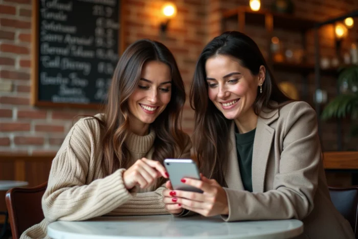 Deux femmes explorant ensemble le plan du site d'un blog dans un café urbain chaleureux
