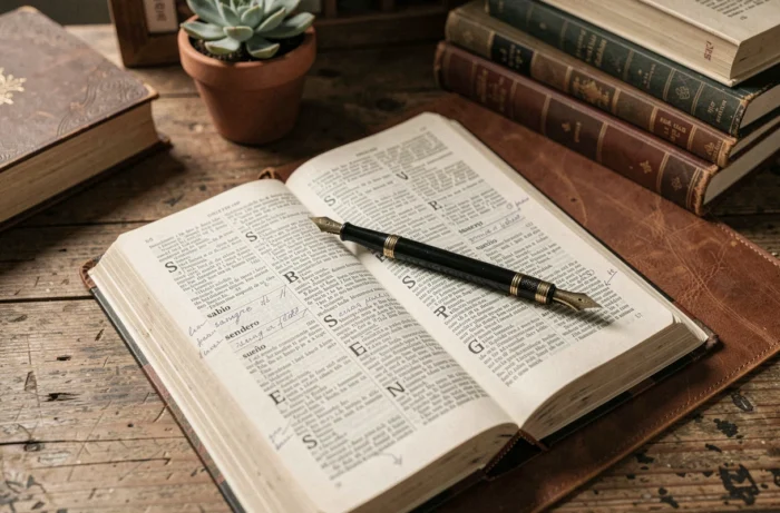 Dictionnaire espagnol ouvert sur les mots commençant par S avec annotations manuscrites sur un bureau en bois