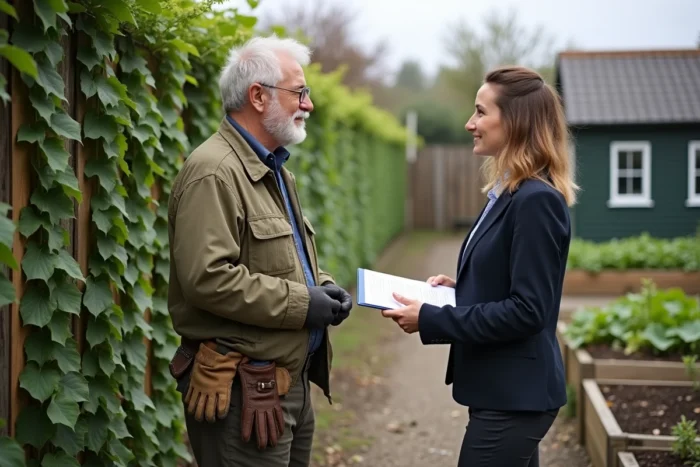 Homme discutant de sa demande de jardin familial avec une employée municipale devant un jardin partagé urbain