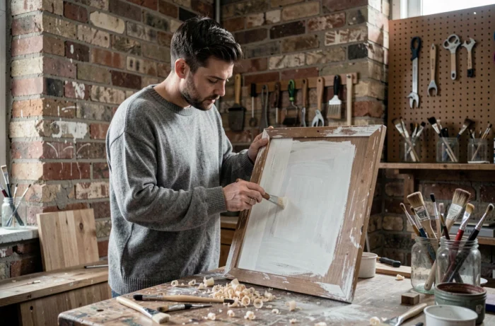 Homme peignant un vieux cadre en bois en blanc dans un atelier DIY pour renouveler sa décoration à petit budget