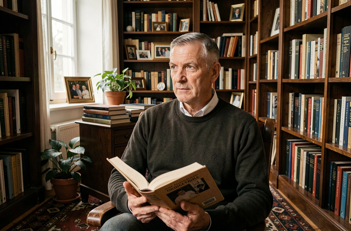 Homme au visage expressif et singulier dans une bibliothèque personnelle chaleureuse, entouré de livres et souvenirs familiaux illustrant une vie intime méconnue