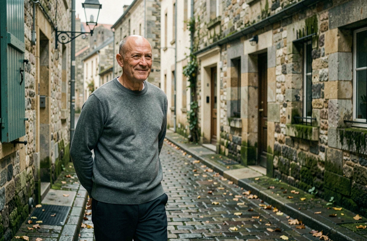 Acteur français au style discret et au visage singulier se promenant dans une ruelle pavée d'une ville de province, atmosphère autobiographique et mélancolique