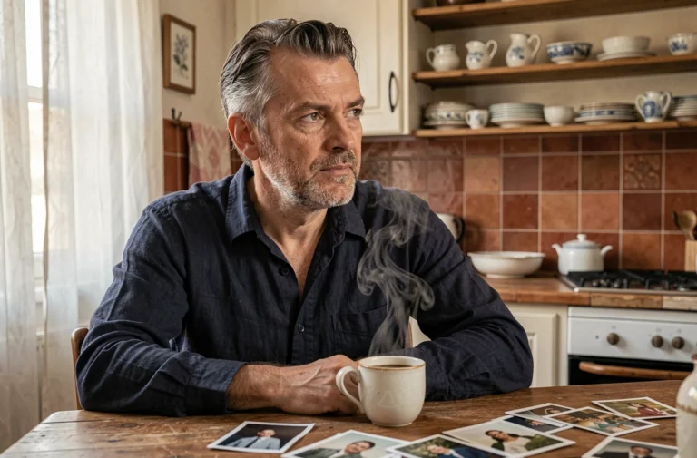 Portrait intimiste d'un acteur français au visage expressif dans une cuisine parisienne vintage, entouré de photos personnelles évoquant sa vie privée