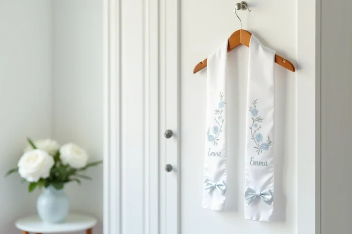 Écharpe de baptême blanche brodée avec des motifs floraux et le prénom Emma brodé en fil bleu clair suspendue à un cintre en bois