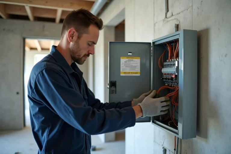 Électricien professionnel réalisant le raccordement électrique dans un tableau de distribution d'une maison en construction