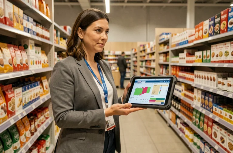 Employée Auchan utilisant une tablette numérique dans un rayon de supermarché pour gérer les données produits avec la solution Pilot Birdy