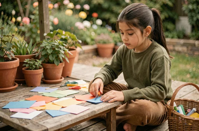 Fillette faisant un collage avec du papier coloré sur une table en bois à l'extérieur dans un jardin