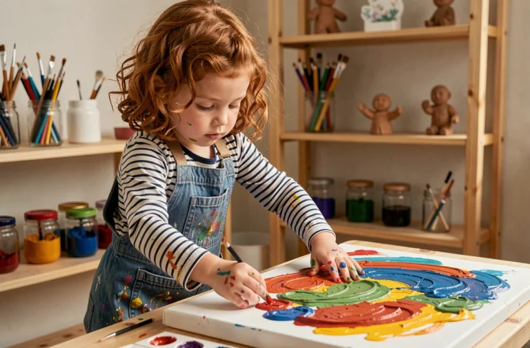 Jeune fille concentrée en train de peindre sur une toile avec des peintures colorées dans un coin créatif maison