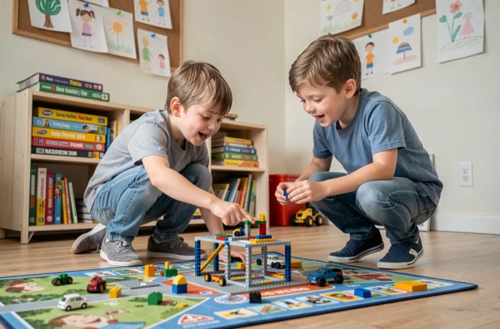Deux garçons construisant ensemble une création en LEGO sur le sol d'un salon familial, jouets éducatifs