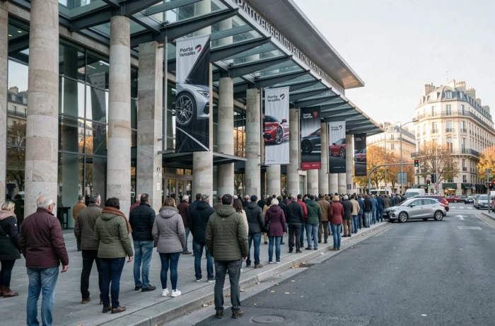 Entrée extérieure du Parc des Expositions Porte de Versailles lors du Mondial de l'automobile de Paris, avec des visiteurs faisant la queue sous des banderoles officielles en automne