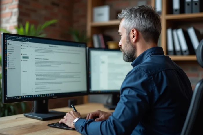 Entrepreneur masculin complétant un template de devis numérique avec conditions générales sur ordinateur portable