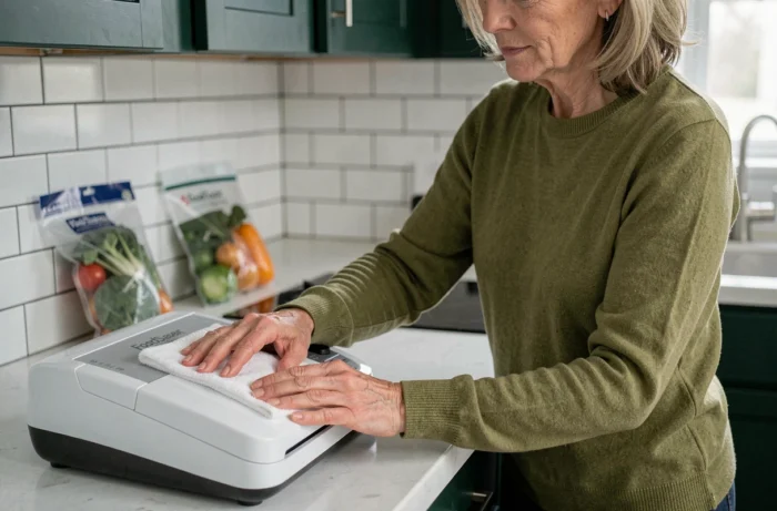 Femme effectuant l'entretien et le nettoyage de son appareil FoodSaver FFS005 dans une cuisine contemporaine