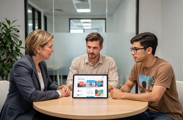Équipe marketing discutant d'une stratégie de contenu web et réseaux sociaux pour 2024 autour d'une tablette