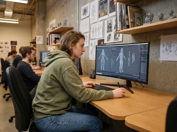 Étudiante en formation animation 3D travaillant sur un logiciel de modélisation dans une école privée d'arts numériques