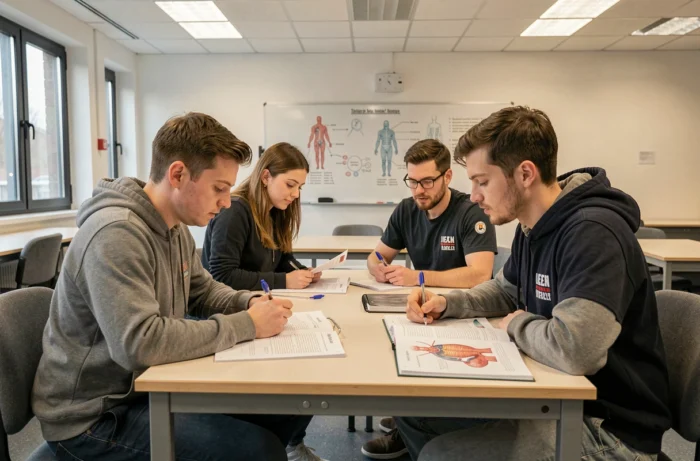 Groupe d'étudiants en formation d'ambulancier étudiant des cours théoriques dans un centre de formation belge