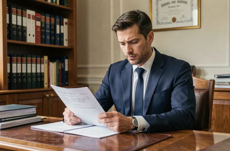Expert-comptable examinant des documents juridiques et comptables dans un bureau administratif formel en France