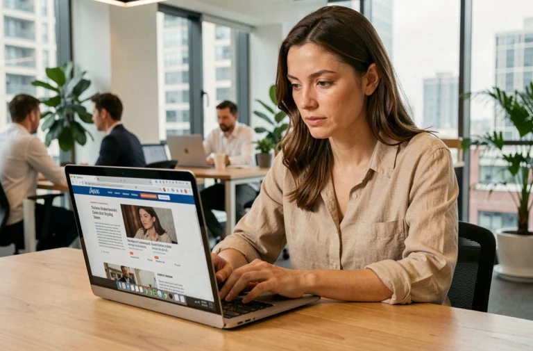 Femme concentrée consultant les dernières actualités sur un ordinateur portable dans un bureau moderne