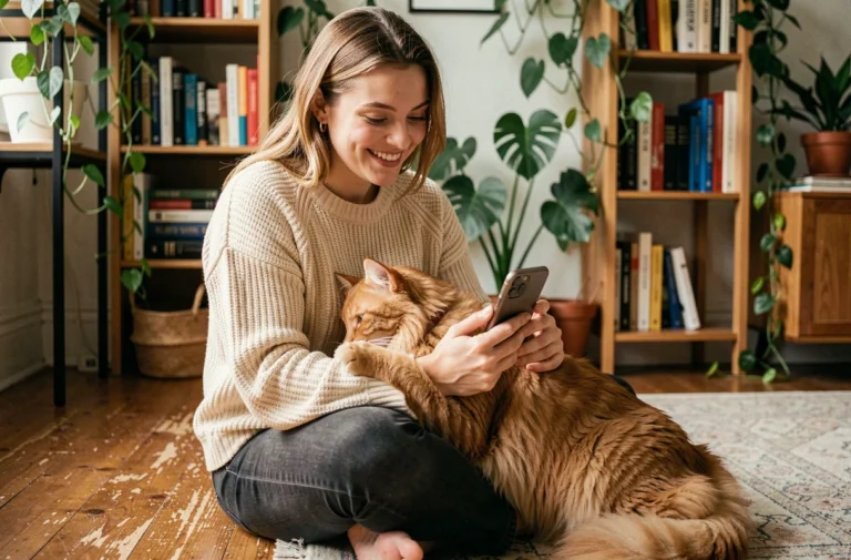 Jeune femme souriante utilisant une application mobile pour passionnés de chats avec un tabby roux sur ses genoux dans un appartement chaleureux