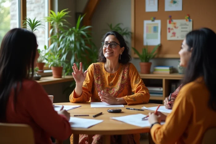 Femme sud-asiatique animant un atelier collaboratif dans un espace de travail coopératif, entourée de femmes engagées