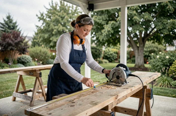 Femme bricoleur mesurant précisément une planche en bois sur un établi extérieur avant de réaliser une coupe droite à la scie circulaire