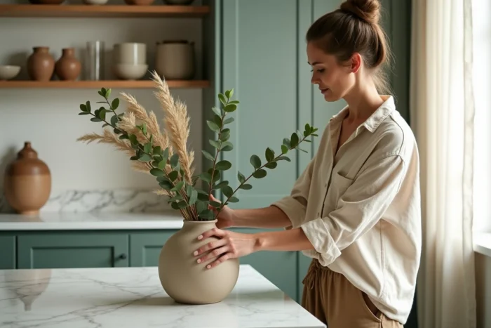 Femme arrangeant des branches d'eucalyptus dans un vase en céramique sur un plan de travail en marbre dans une cuisine moderne style maison de campagne