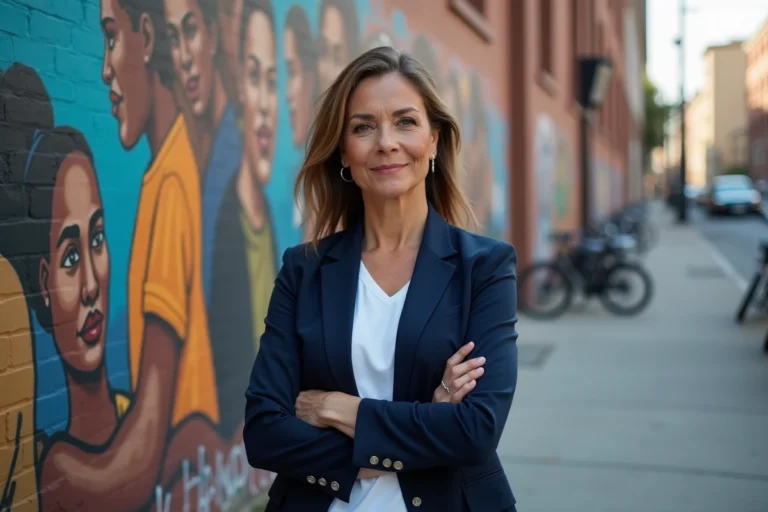 Femme engagée en blazer marine devant une fresque murale colorée symbolisant la solidarité et la diversité urbaine