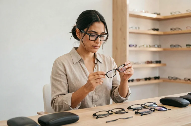 Femme essayant des lunettes rectangulaires noires dans une boutique d'opticien moderne pour choisir la monture idéale